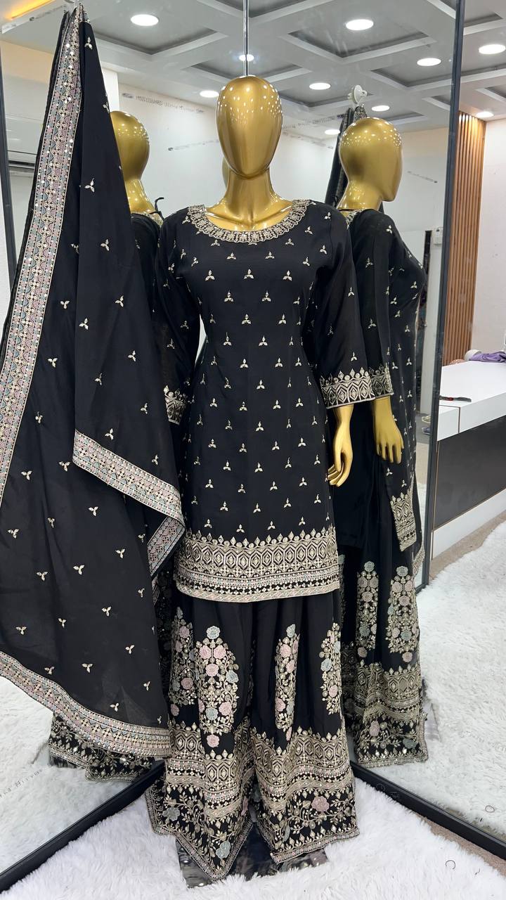 Black Chinon Silk Multi Thread Work Sharara Suit By WTW