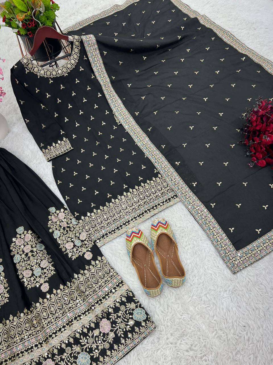 Black Chinon Silk Multi Thread Work Sharara Suit By WTW