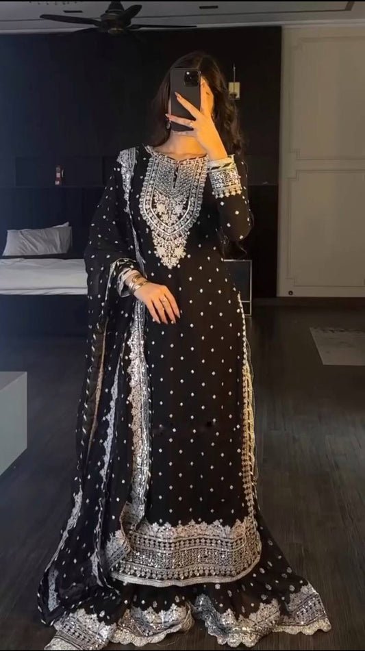 Grand Coffee Color Chinnon Embroidery Sequence Salwar Suit By WTW