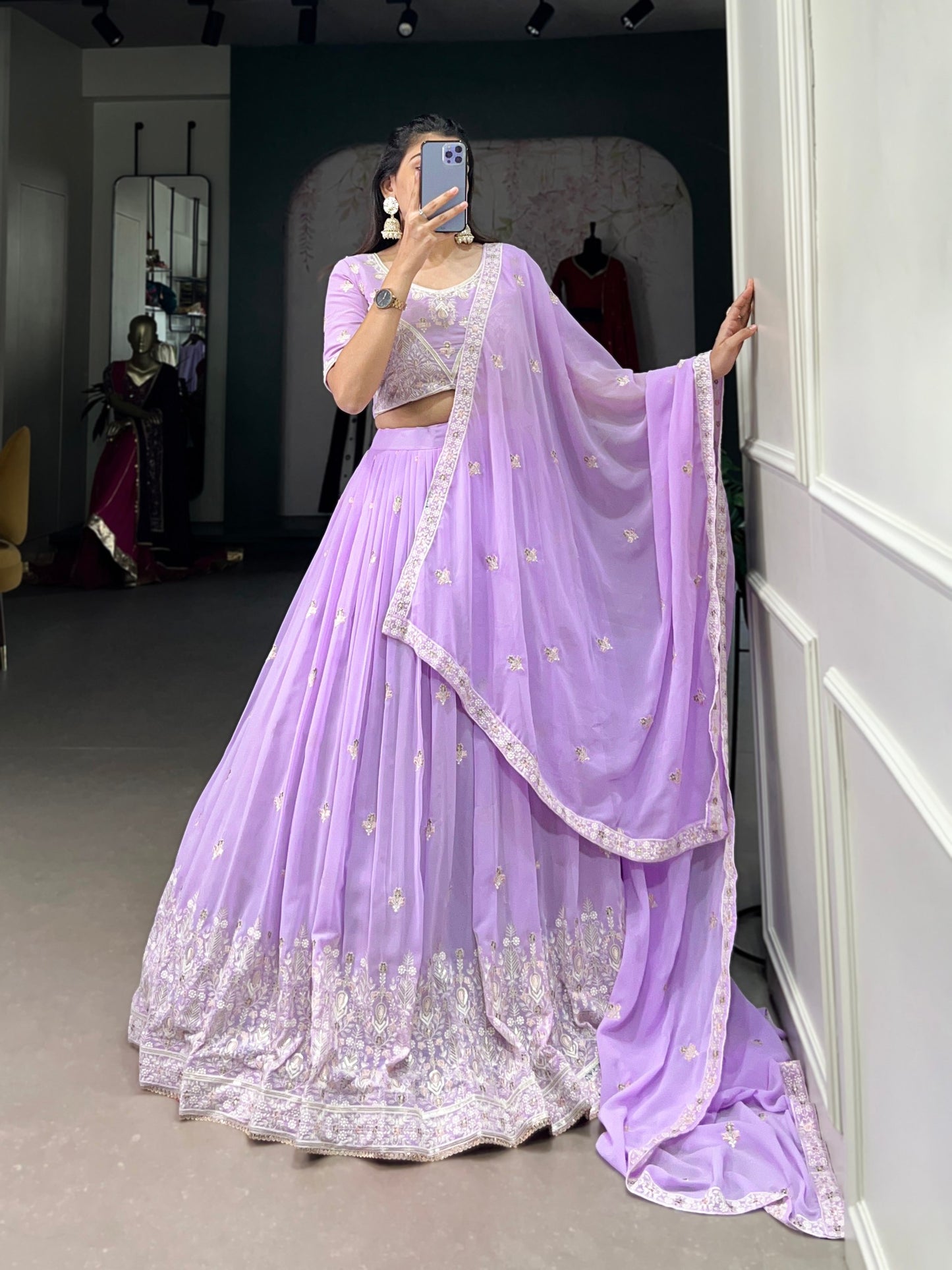 Amazing Lavender Thread Work Georgette Engagement Wear Lehenga Choli By WTW