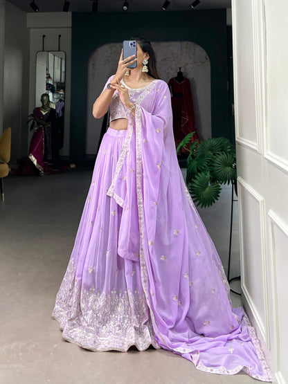 Amazing Lavender Thread Work Georgette Engagement Wear Lehenga Choli By WTW