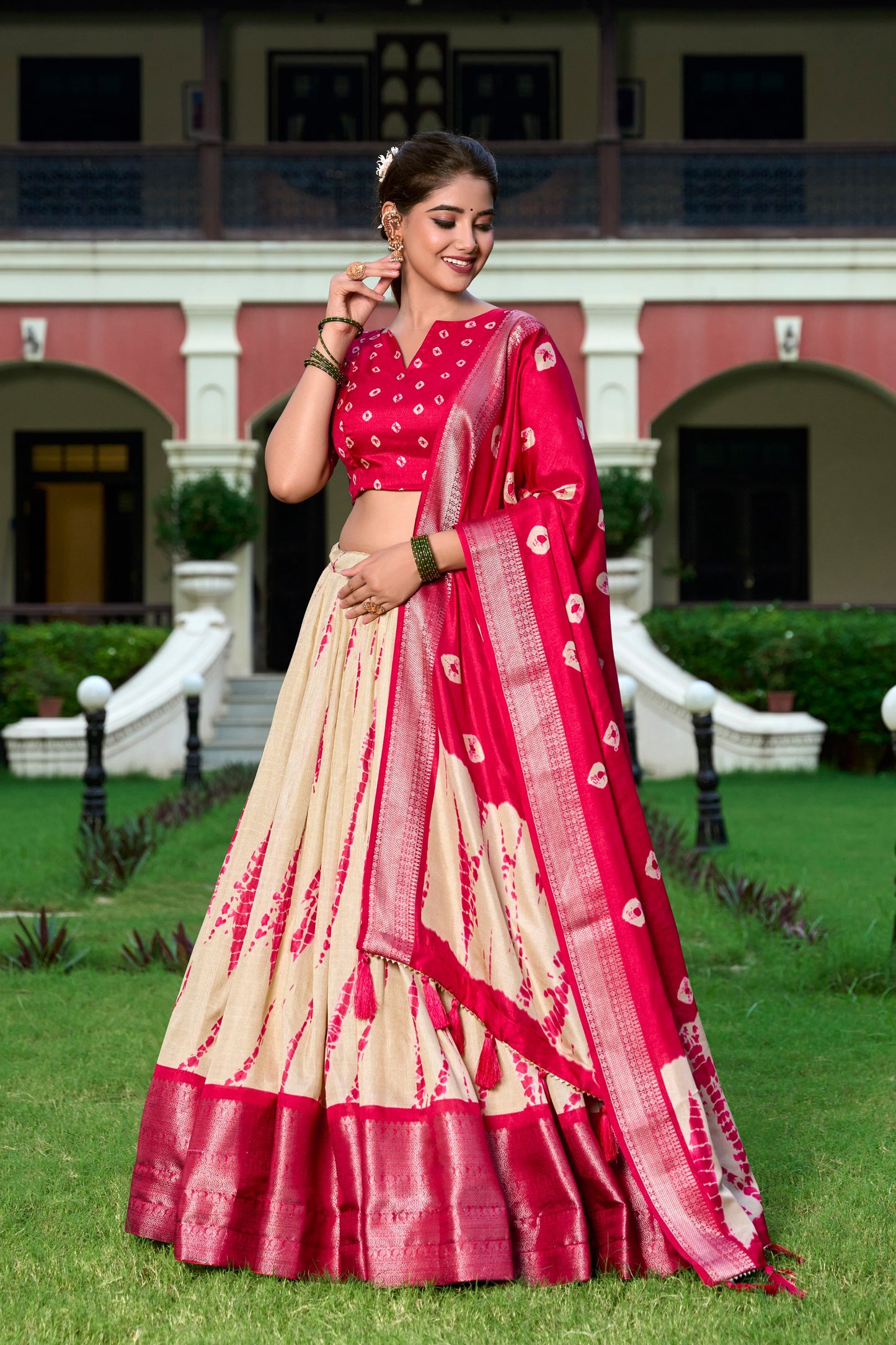 Pretty Red Shibori Print Silk Function Wear Lehenga Choli With Dupatta By WTW