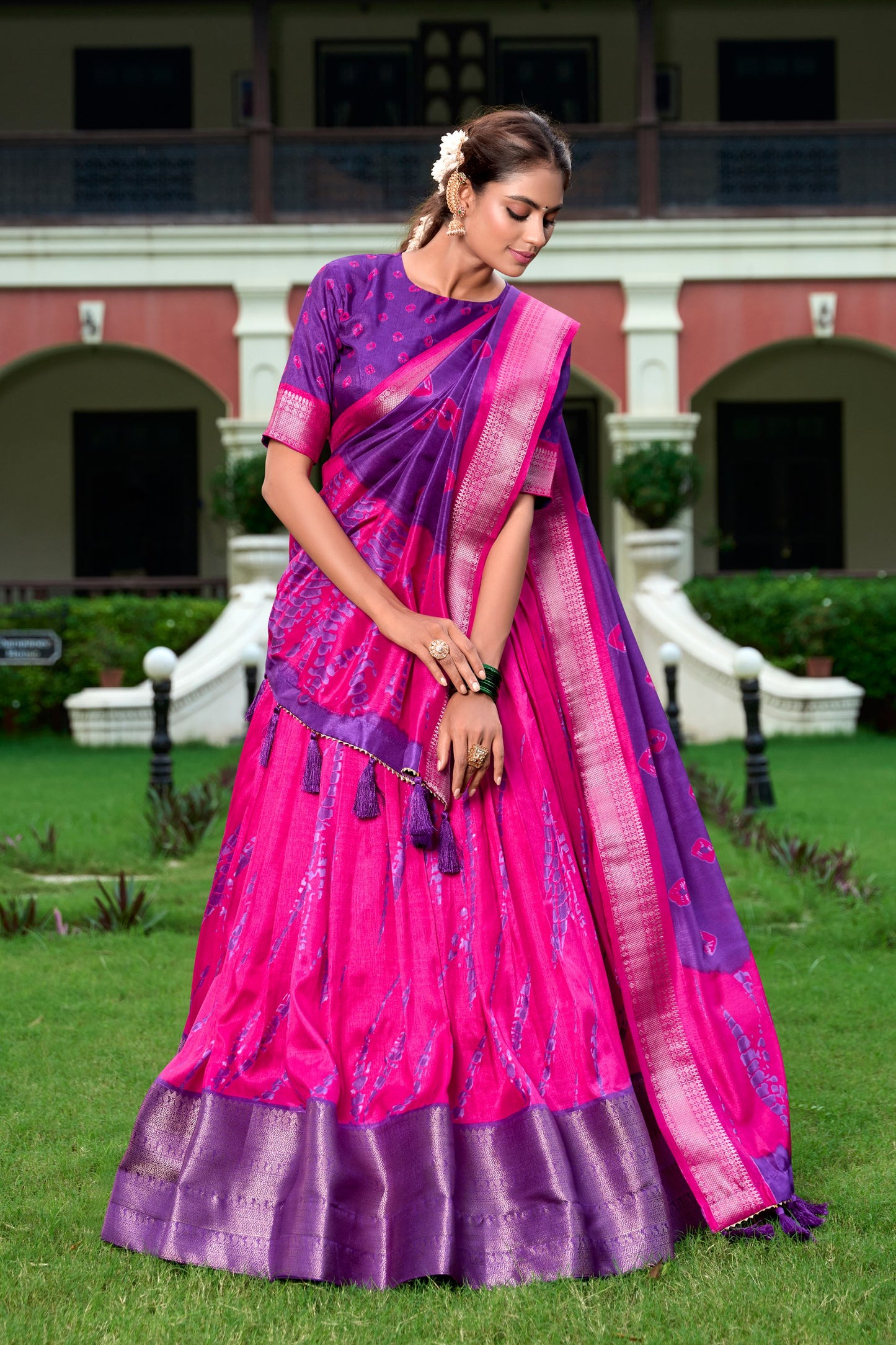 Pink Shibori Print Dola Silk Lehenga Set By WTW