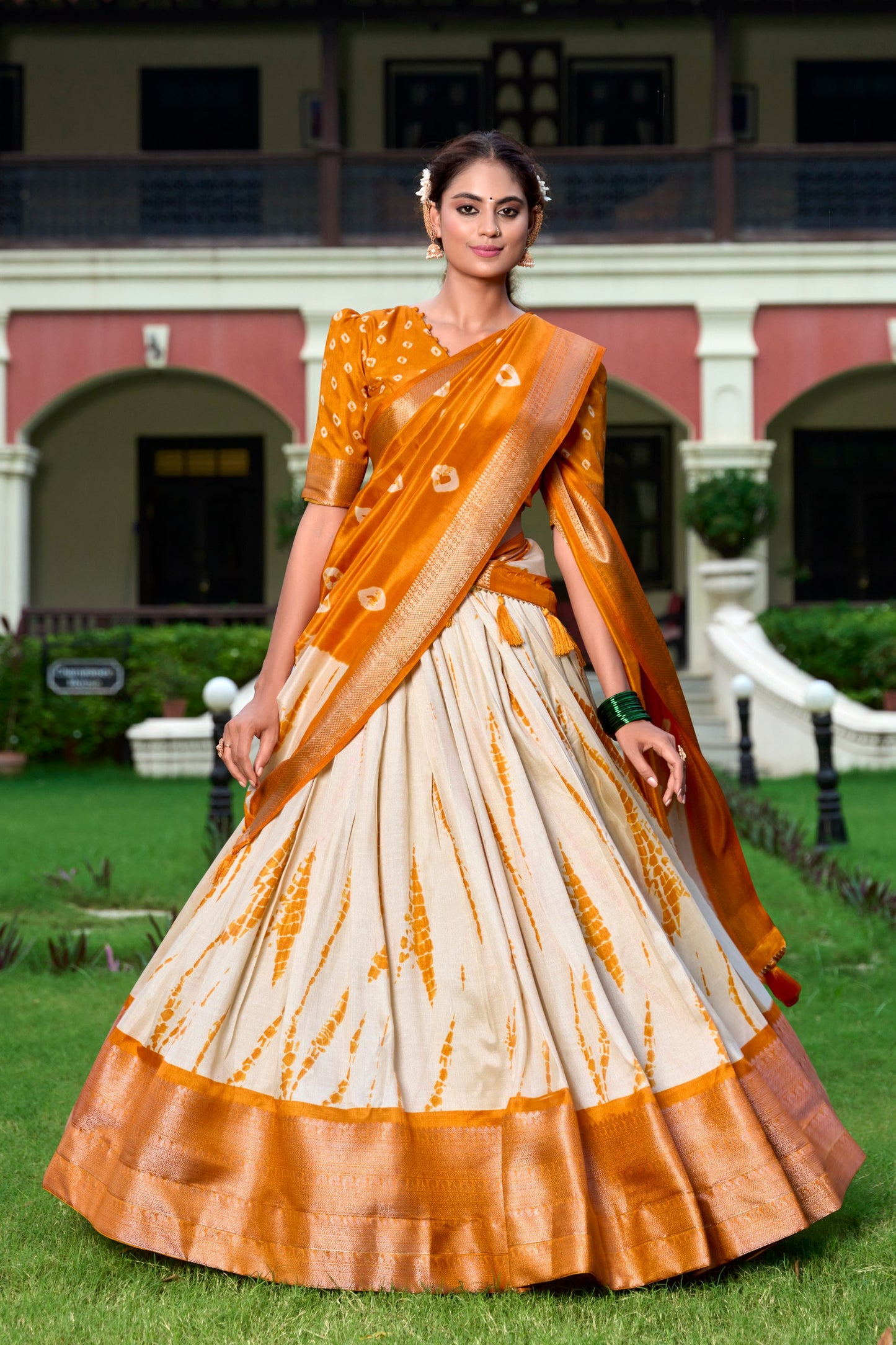 Super Mustard Color Dola Silk Shibori Print Zari Weaving Lehenga Choli By WTW