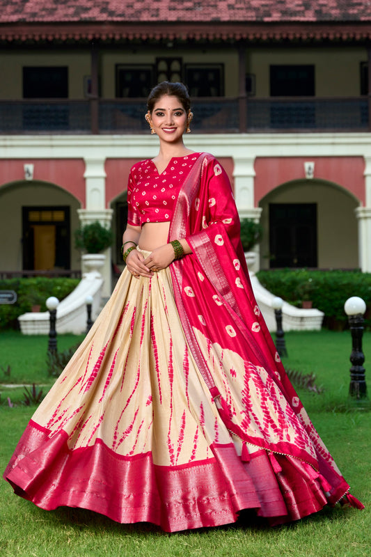 Pretty Red Shibori Print Silk Function Wear Lehenga Choli With Dupatta By WTW