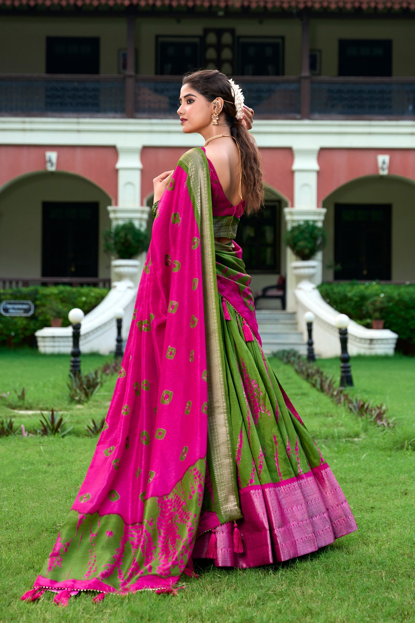 Super Pink Color Dola Silk Shibori Print Zari Weaving Lehenga Choli By WTW