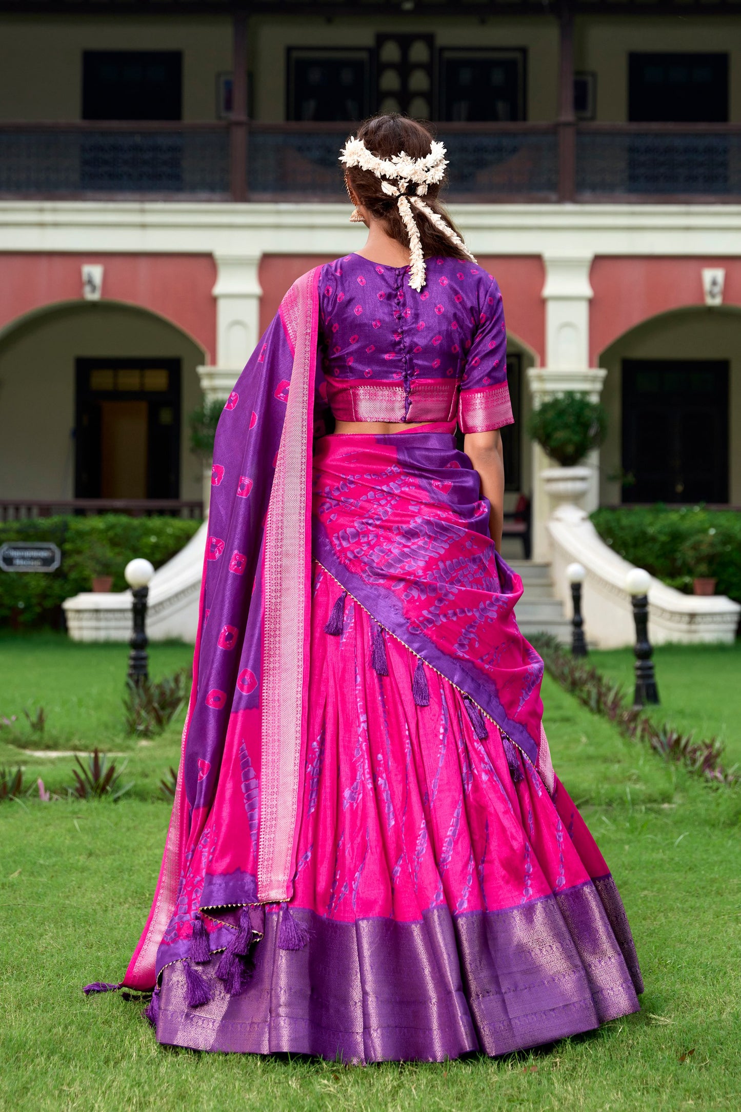 Pink Shibori Print Dola Silk Lehenga Set By WTW