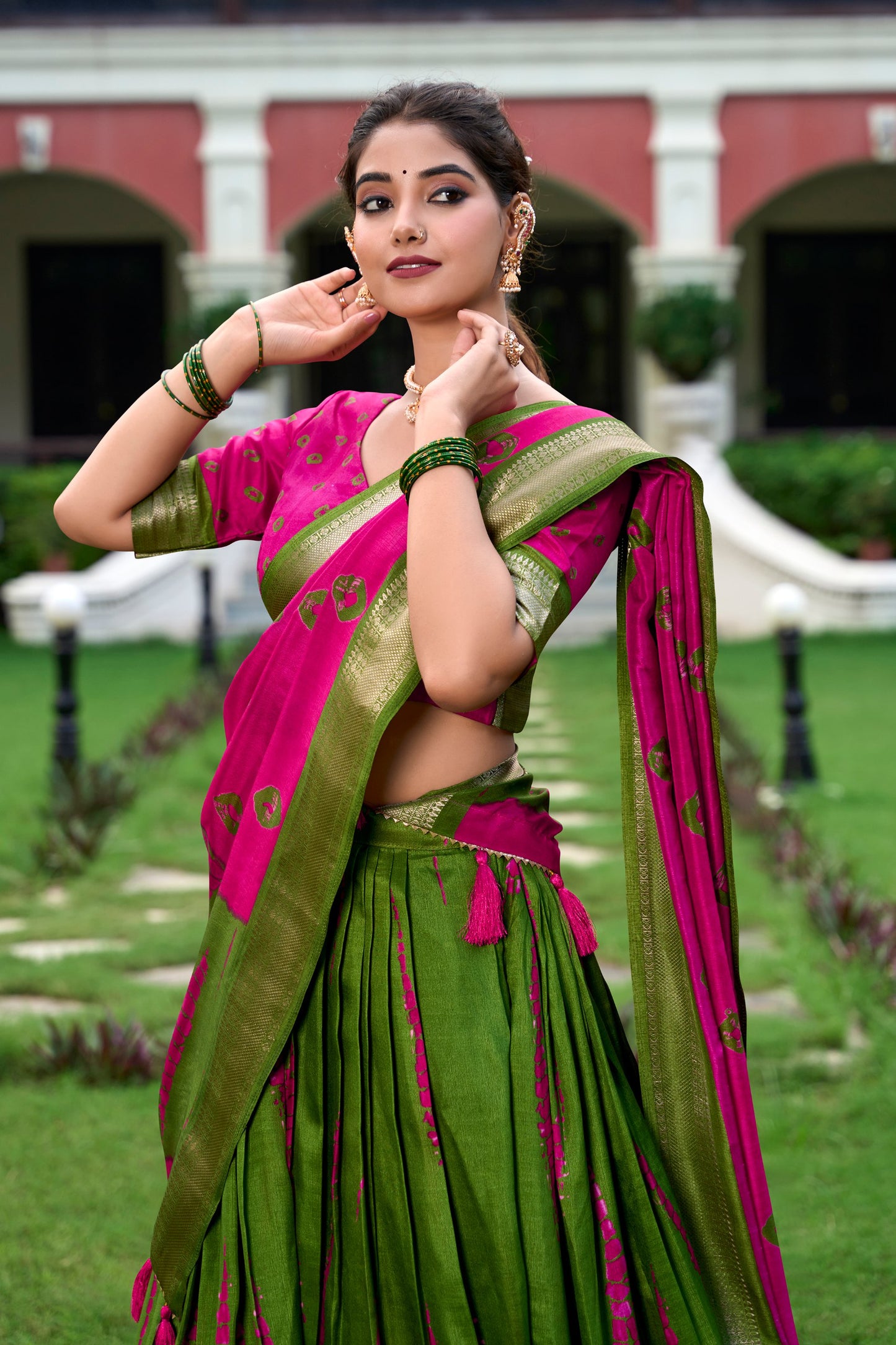 Super Pink Color Dola Silk Shibori Print Zari Weaving Lehenga Choli By WTW