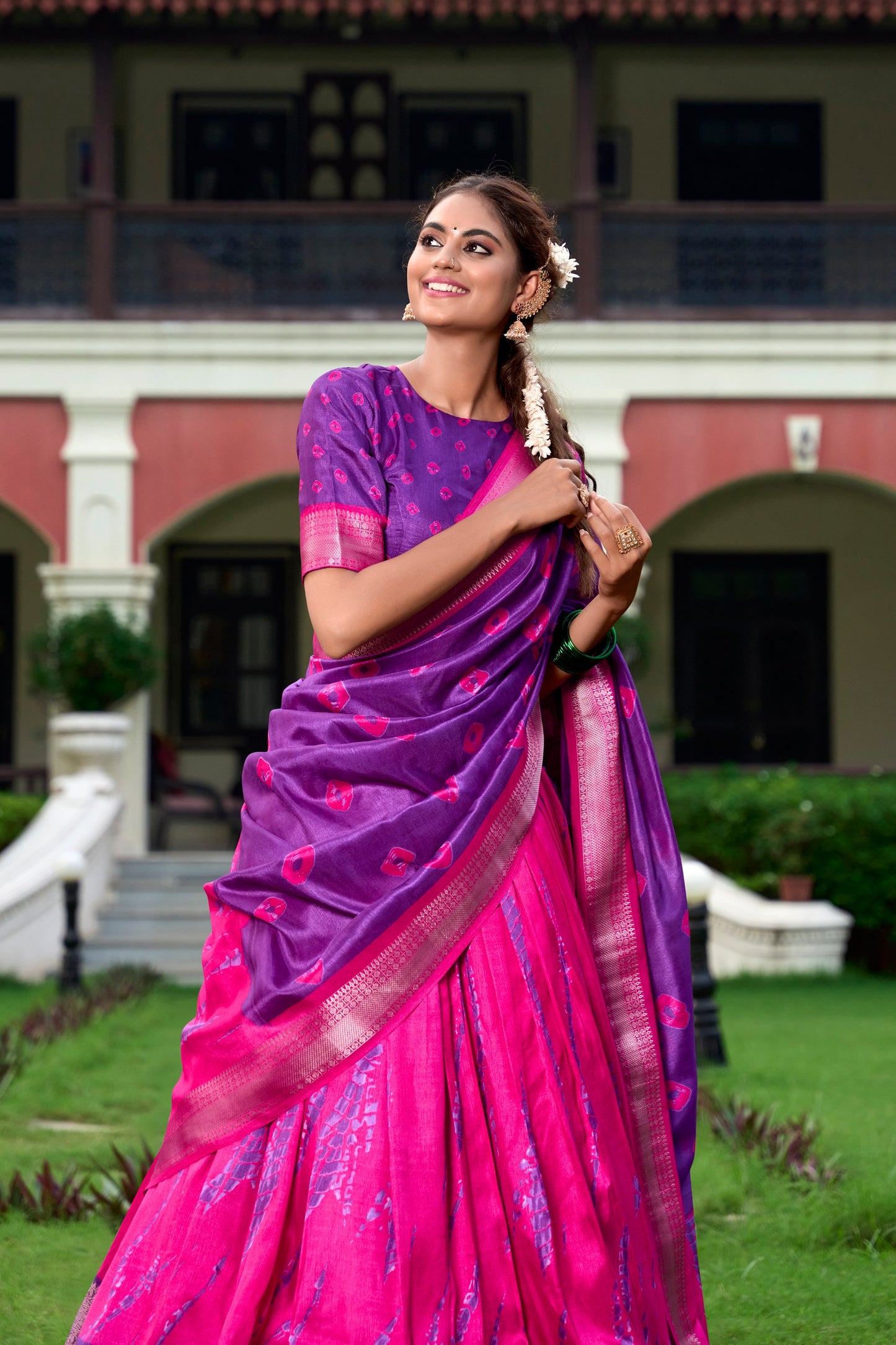 Pink Shibori Print Dola Silk Lehenga Set By WTW