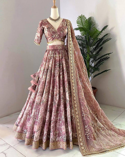 Superb Peach Color Chinon Silk Digital Printed Lehenga Choli By WTW