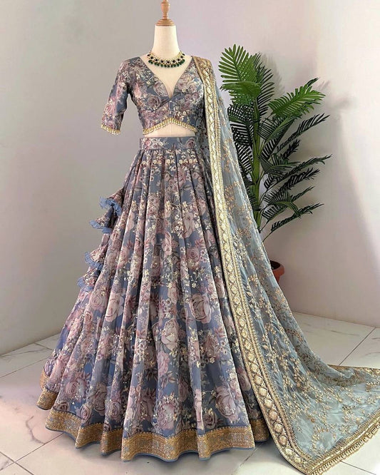 Superb Blue Color Chinon Silk Digital Printed Lehenga Choli By WTW