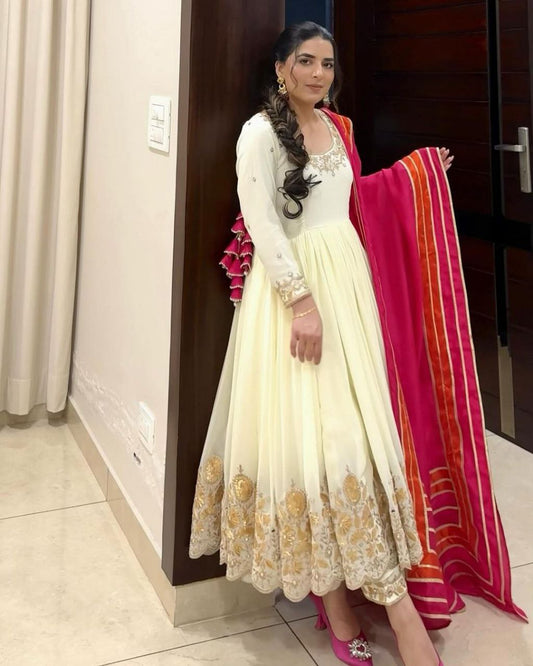 White Colour Sequence With Embroidery Work Long Gown For Women By WTW