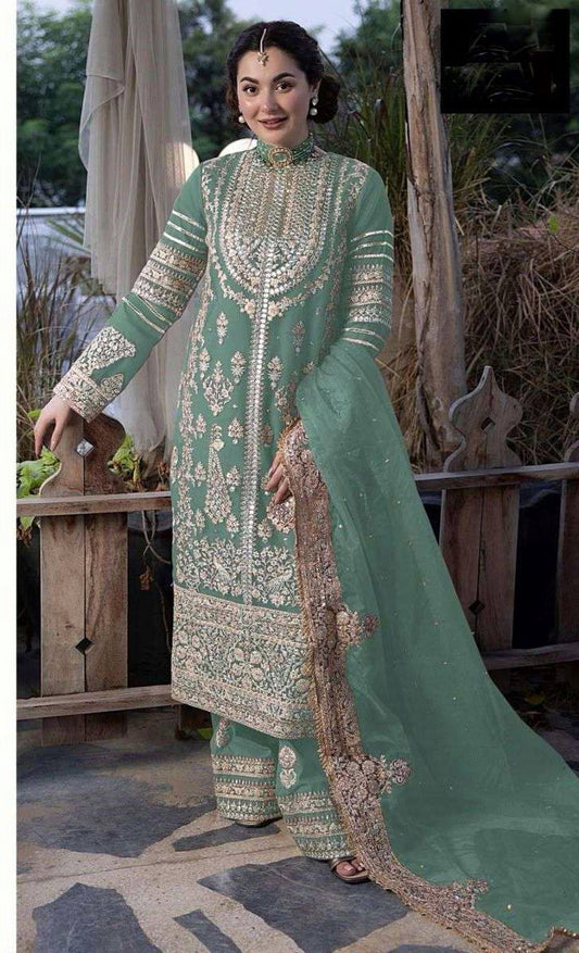 Designer Georgette Embroidery Sequence Work Top Palazzo With Dupatta Sea Green By WTW