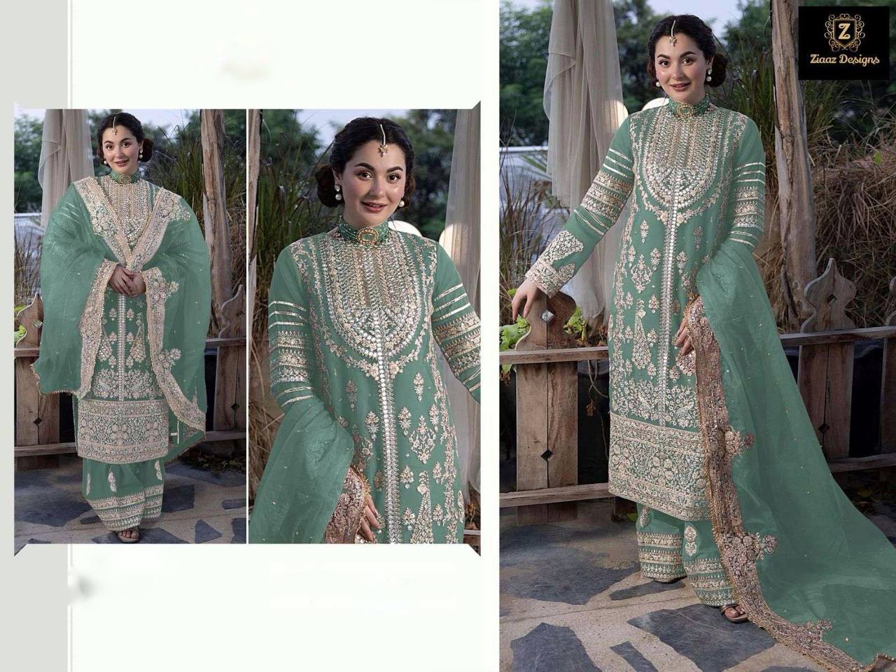 Designer Georgette Embroidery Sequence Work Top Palazzo With Dupatta Sea Green By WTW