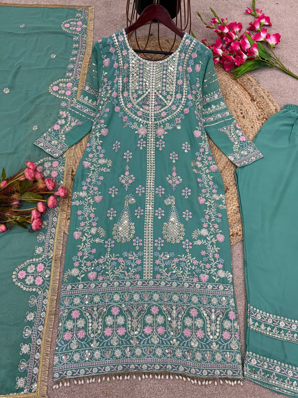 Designer Georgette Embroidery Sequence Work Top Palazzo With Dupatta Sea Green By WTW