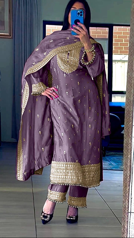 Superb Purple Color Chinnon Silk Embroidery Salwar Suit By WTW