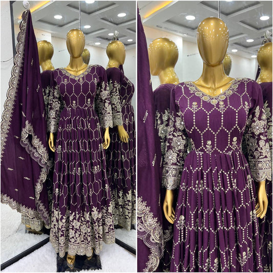 Aglow Purple Color Chinnon Silk Embroidery Sequence Gown By WTW