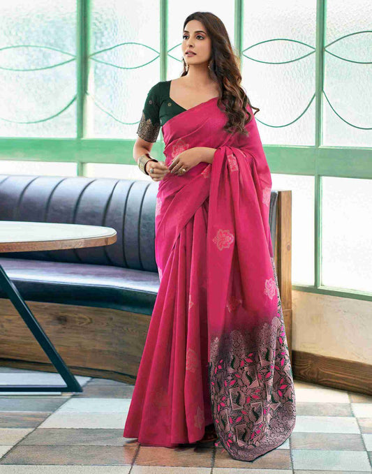 Rani Pink Color Banarasi Jacquard Soft Silk Saree By WTW