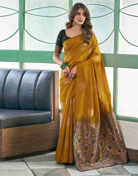 Weaved Silk Mustard Yellow Broad Border Saree By WTW