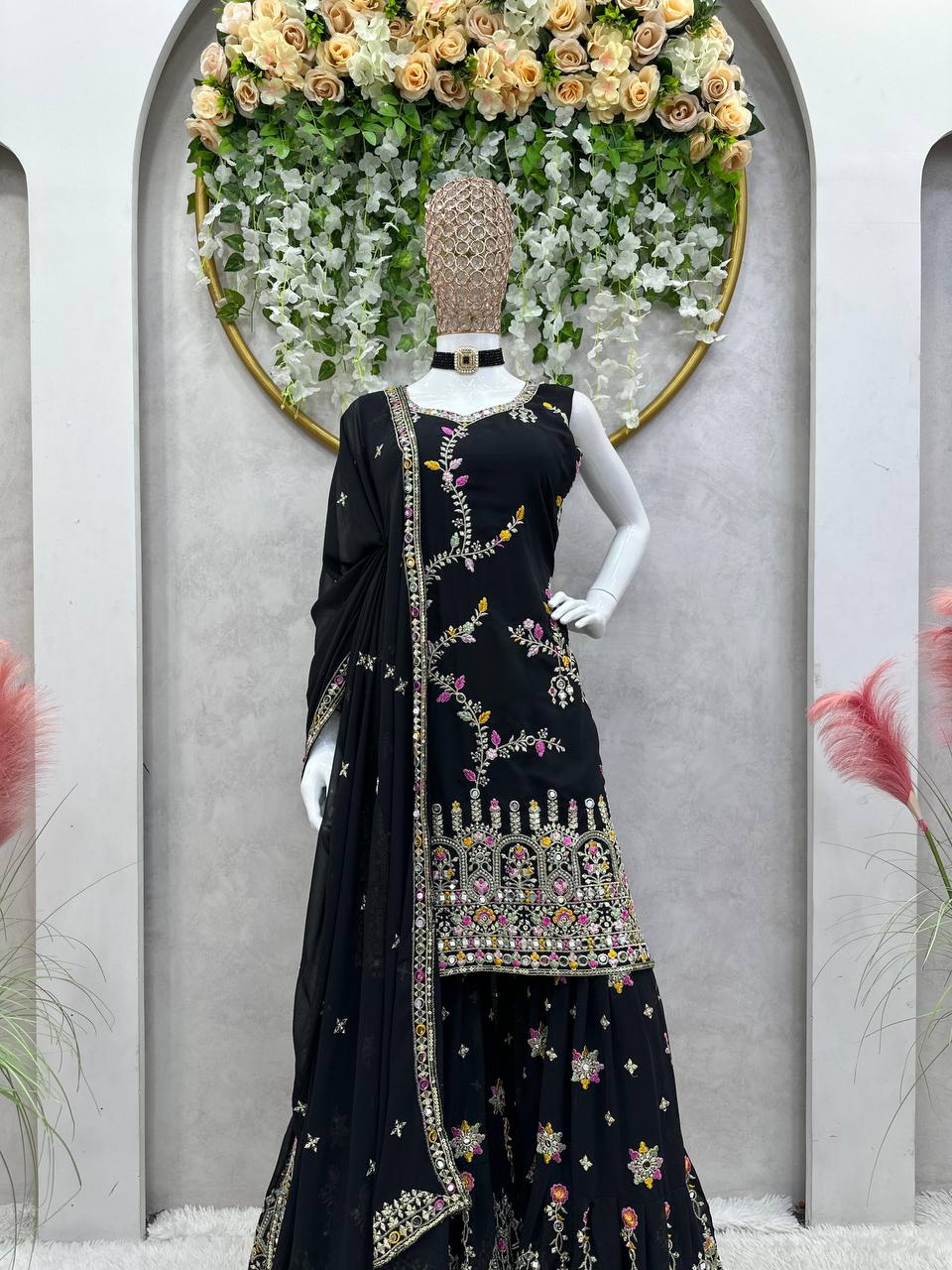 Designer Georgette Thread Sequence Real Mirror Work Top Sharara With Dupatta Black By WTW