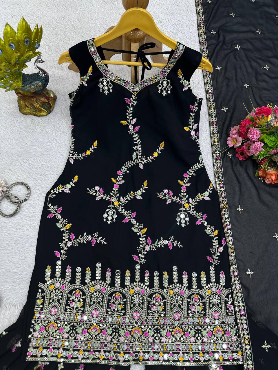 Designer Georgette Thread Sequence Real Mirror Work Top Sharara With Dupatta Black By WTW