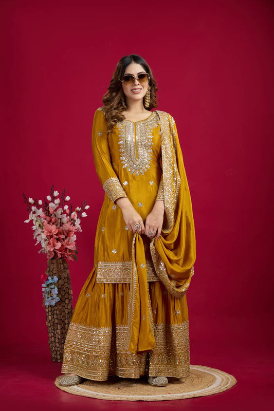 Mustard Sharara Set With Gota Patti Embellished Kurta And Dupatta By WTW