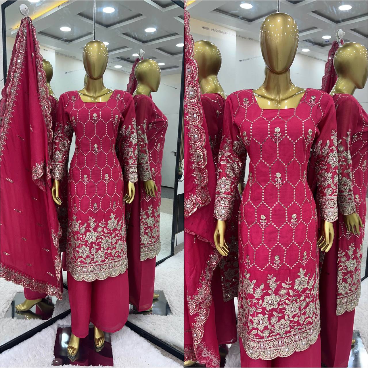 Pretty Pink Color Chinnon Silk Embroidery Work Sharara Suit By WTW