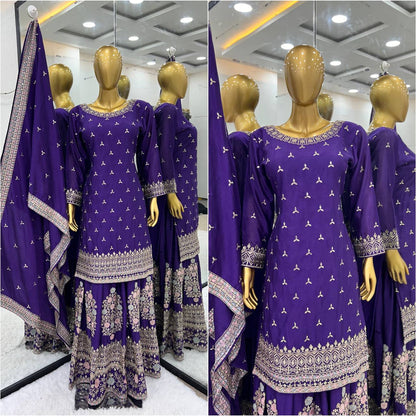 Purple Chinon Silk Multi Thread Work Sharara Suit By WTW