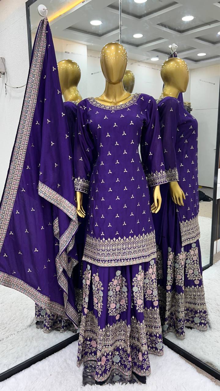 Purple Chinon Silk Multi Thread Work Sharara Suit By WTW