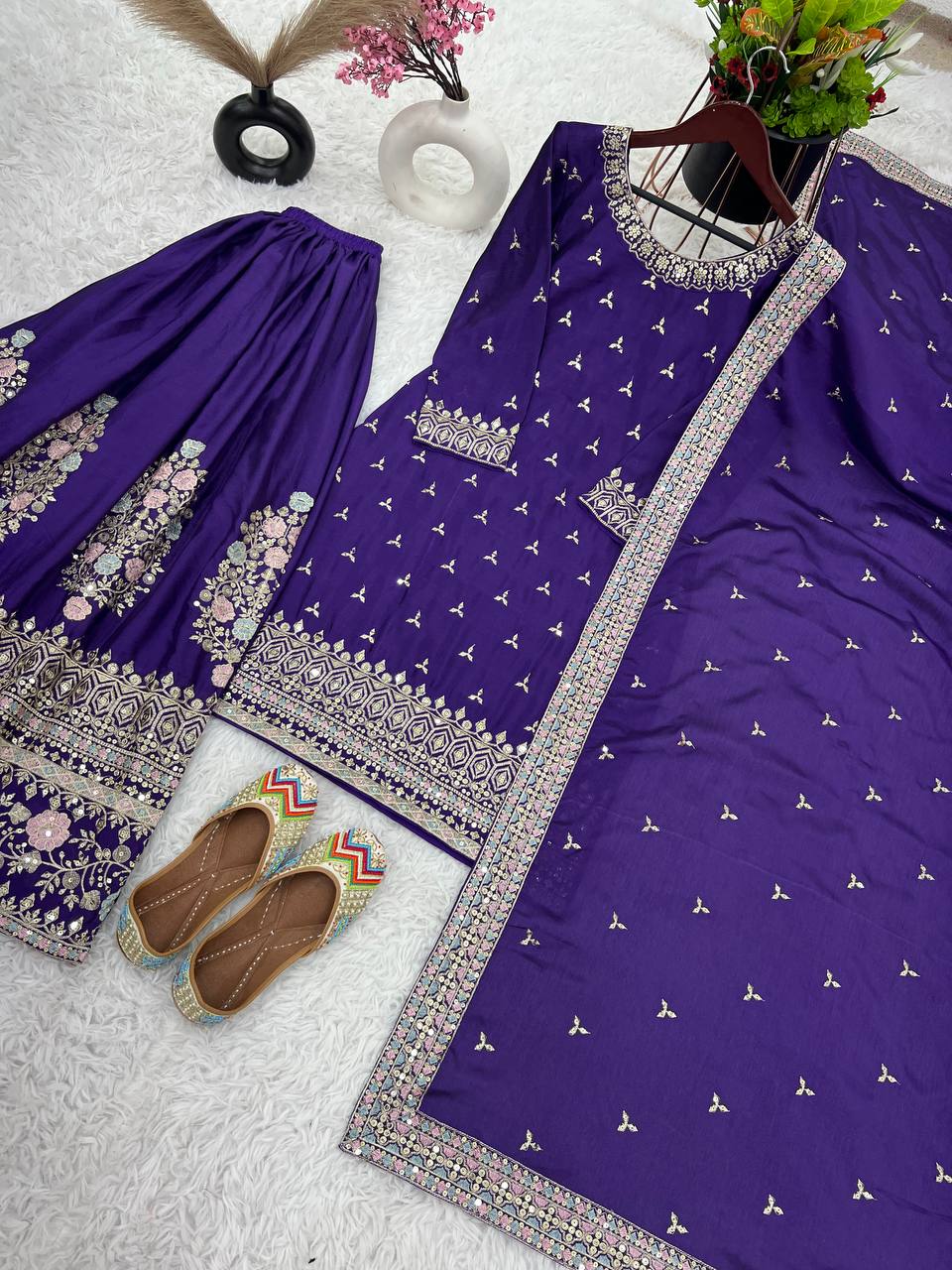 Purple Chinon Silk Multi Thread Work Sharara Suit By WTW