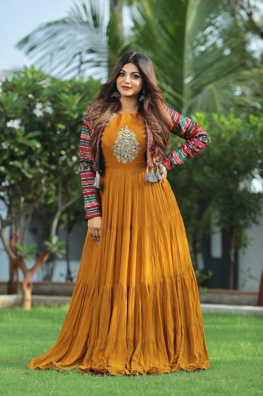 Mustard Yellow Georgette Embroidered Gown By WTW