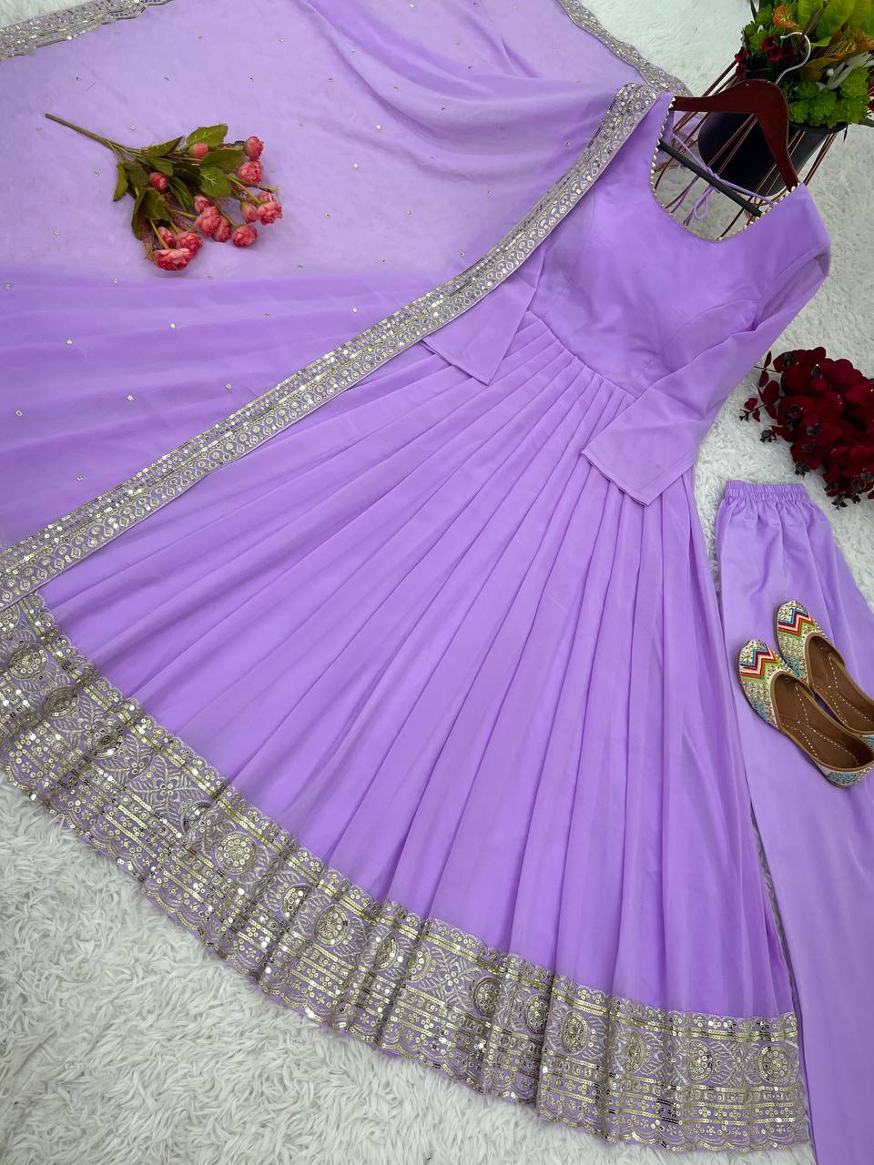 Classic Violet Color Chinon Silk Embroidery Sequence Gown By WTW