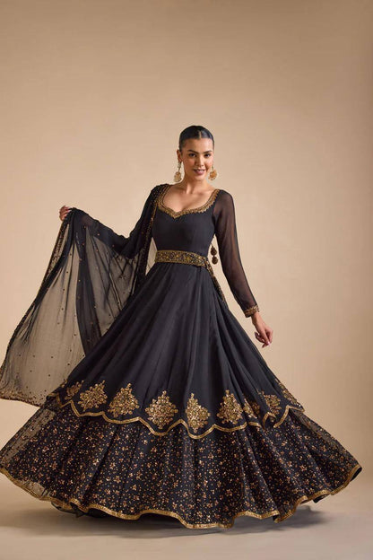 Black Faux Georgette Thread Work Gown With Dupatta By WTW