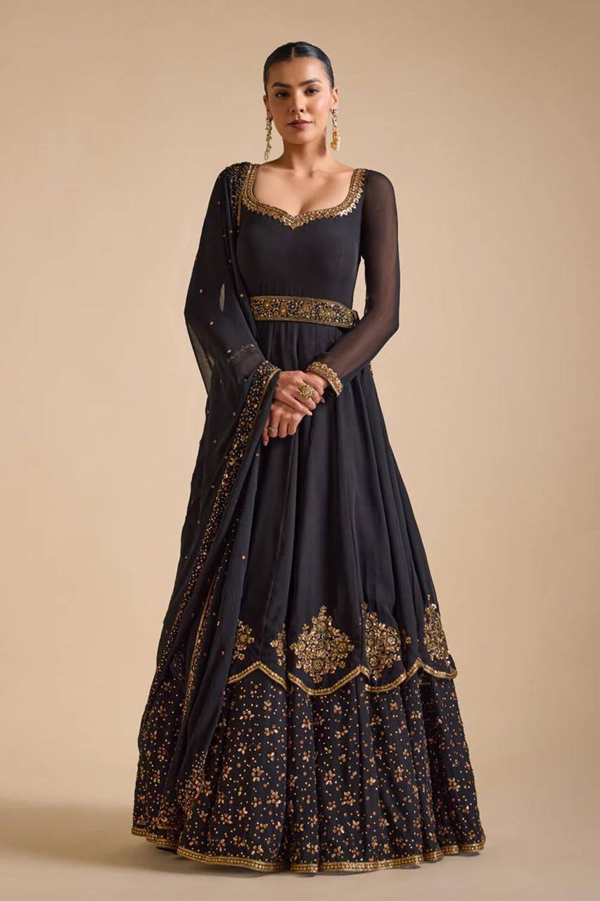 Black Faux Georgette Thread Work Gown With Dupatta By WTW