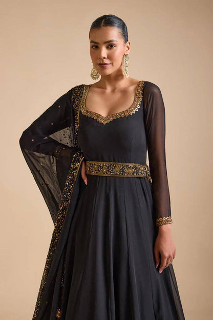 Black Faux Georgette Thread Work Gown With Dupatta By WTW