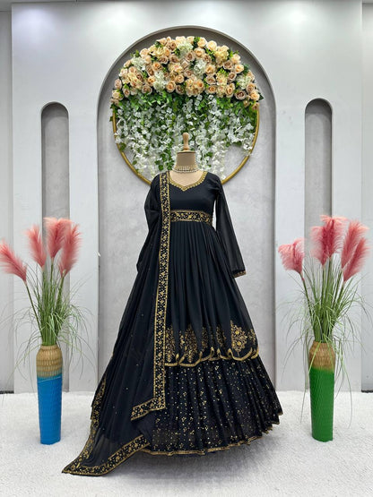 Black Faux Georgette Thread Work Gown With Dupatta By WTW