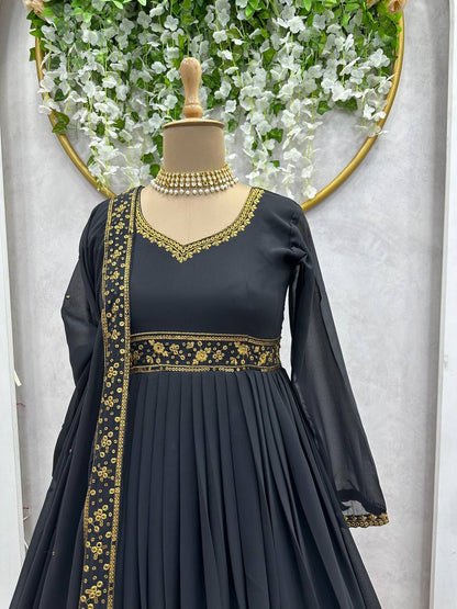 Black Faux Georgette Thread Work Gown With Dupatta By WTW