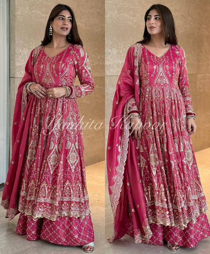 Rani Pink Chinon Silk Sequence Embroidery Work Plazzo Suit By WTW