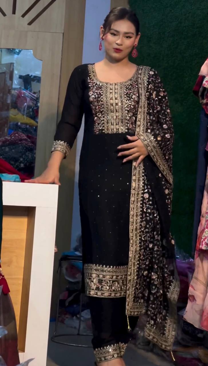 Pretty Black Color Chinnon Silk Embroidery Sequence Salwar Suit By WTW