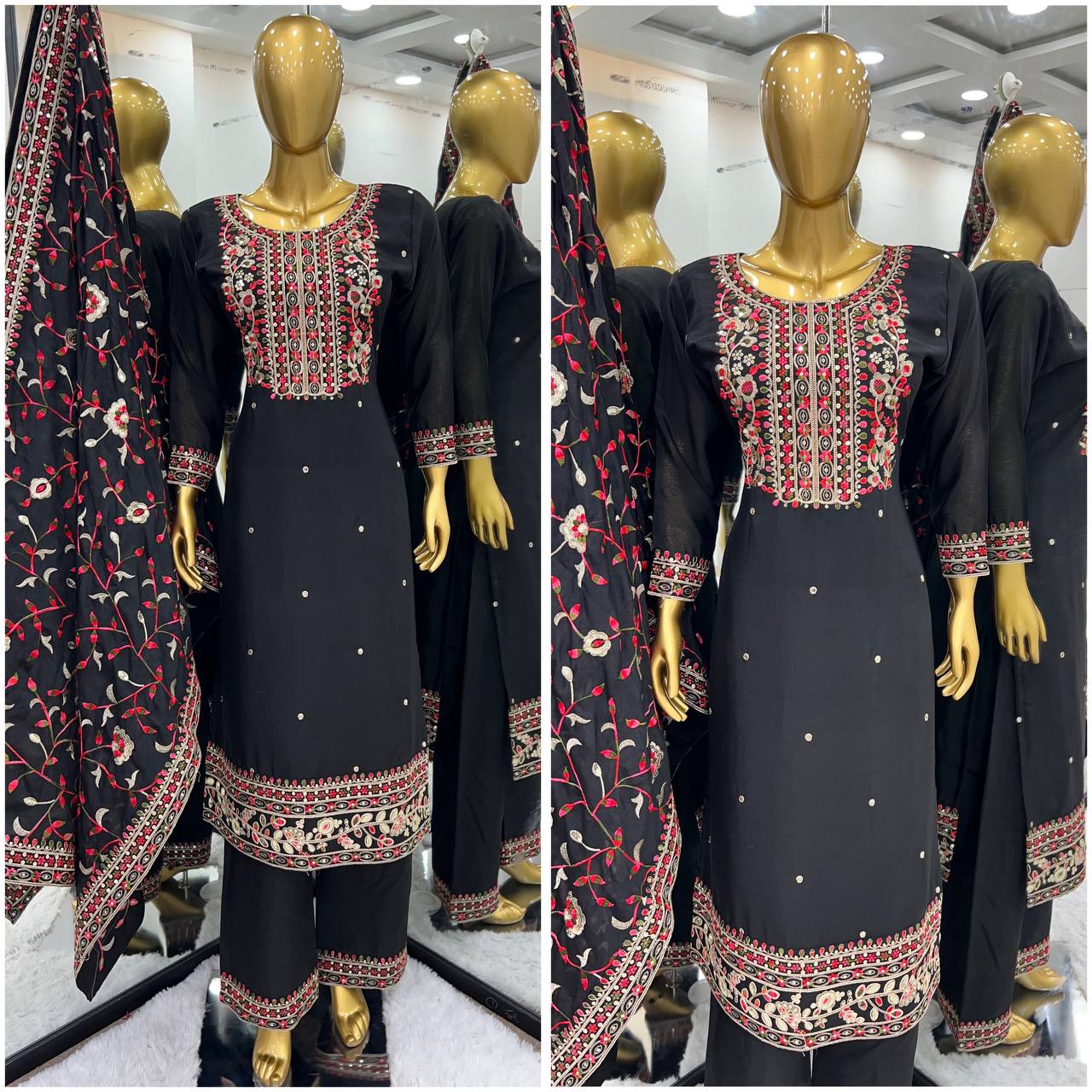 Pretty Black Color Chinnon Silk Embroidery Sequence Salwar Suit By WTW