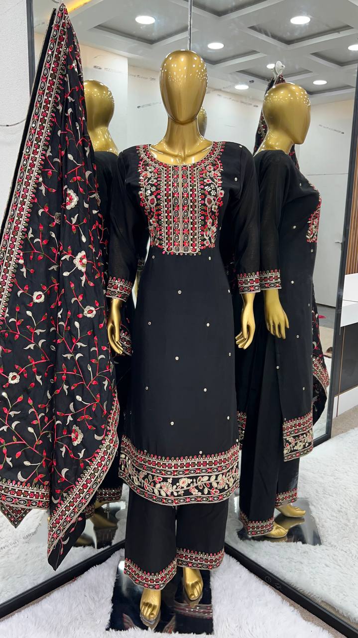 Pretty Black Color Chinnon Silk Embroidery Sequence Salwar Suit By WTW