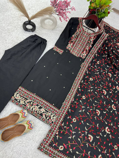 Pretty Black Color Chinnon Silk Embroidery Sequence Salwar Suit By WTW