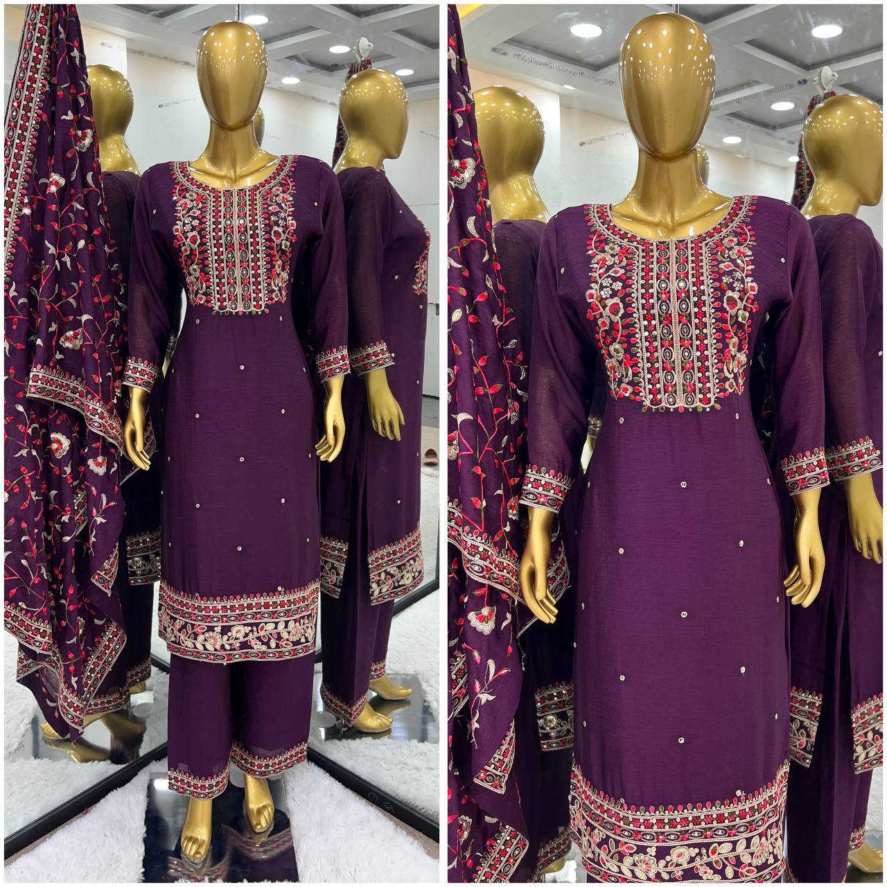 Pretty Purple Color Chinnon Silk Embroidery Sequence Salwar Suit By WTW