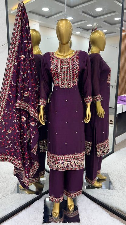 Pretty Purple Color Chinnon Silk Embroidery Sequence Salwar Suit By WTW