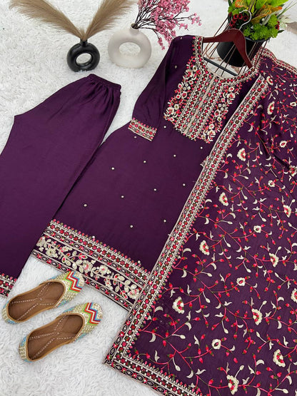 Pretty Purple Color Chinnon Silk Embroidery Sequence Salwar Suit By WTW