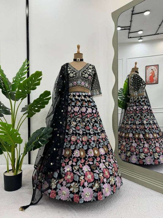 Black Faux Georgette Thread Work Lehenga Choli By WTW