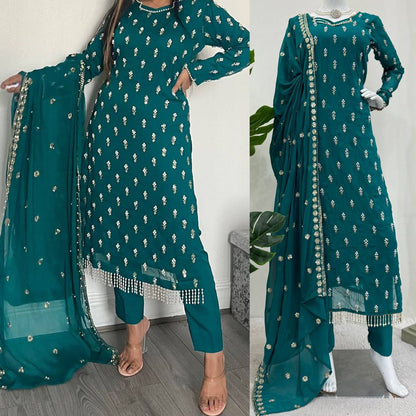 Grand Peacock Green Georgette Fancy Lace Border Salwar Suit By WTW