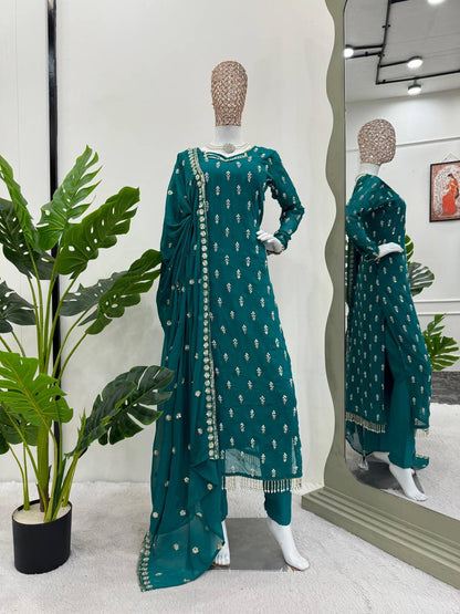 Grand Peacock Green Georgette Fancy Lace Border Salwar Suit By WTW