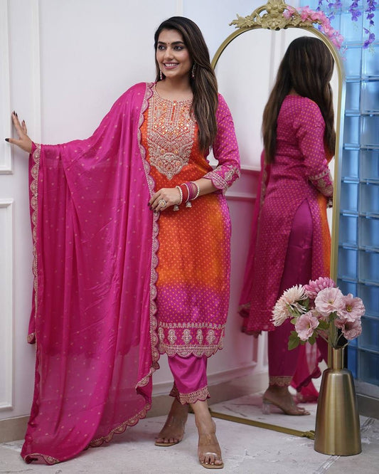 Orange Pink Pure Chinon Silk Embroidered Ceremonial Salwar Suit By WTW