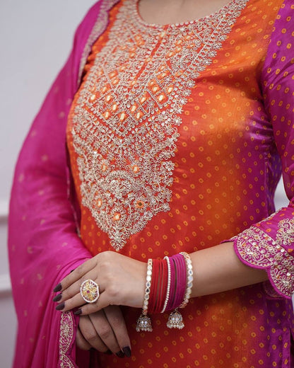 Orange Pink Pure Chinon Silk Embroidered Ceremonial Salwar Suit By WTW